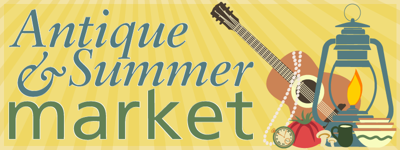 General banner: "Antique Summer Market."The background is yellow with blue and green letters and colorful items, such as a string guitar, a large tomato, an oil lamp, and stacked ceramic bowls in a corner.