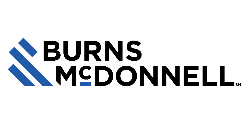 A Logo that says "BURNS" above "McDonnel" Also there is a small "SM" next to the last "L". Bellow the "c" is a thick blue line. To the left of the name are three diagonal blue lines.