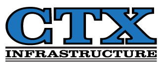 The logo of a group from the WheatonArts Golf Classic that has large blue text "CTX", Above "Infractructure" Which is in between two lines. The bottom line has a second line below it.