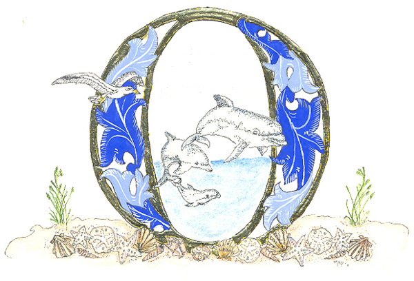 A drawing of the letter O in the middle with blue wave like flower in the spaces. In front of the O are a seagul and three dolphins swimming through the O. The O is sitting on sand and shells laid across it. There are 2 green plants, one on each side of the O.