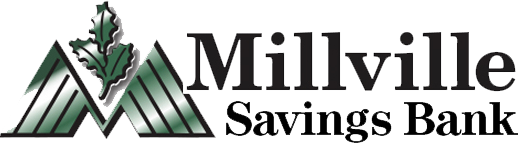 A logo of a group from the golf classic that says "Millville" in large bold text and "Savings Bank" below it, also in bold text. To the left of the title is a large shiny green "M" and a green upright leaf above it.