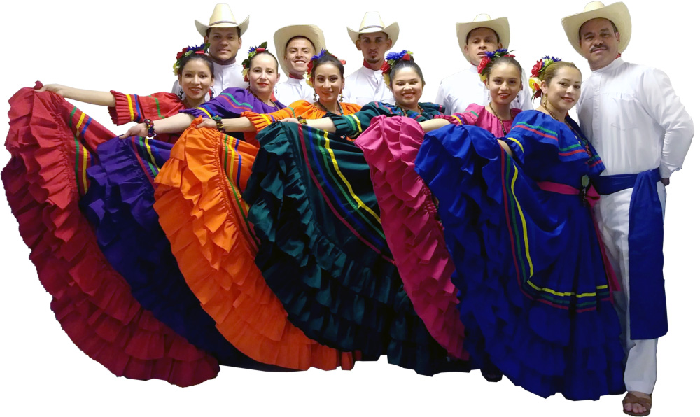 A cutout of the Tecuanis Dance group, one of the performers at HalloWheaton: Remembering Your Ancestors Celebration Special Program. There are six women each wearing a different colored bright dress. There are red, blue, orange, green, pink, and light blue dresses. They each have multicolored stripes and the women are wearing flower crowns. There are five men behind them in sombreros.
