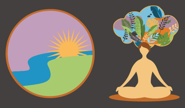 An orange circle with a picture of a purple sky with a yellow sun over a blew bending river and green ground, is in front of a grey background, as part of a logo, to the left of a picture of a person sitting with a thought bubble full of green plants, coming from them.
