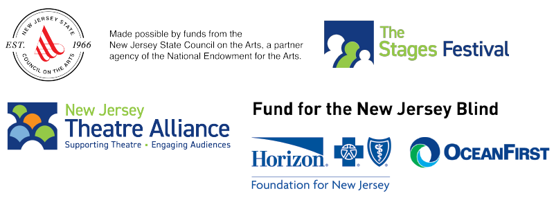 6 for the NJ Theatre Alliance's Stages Festival sponsors are displayed over a white background. At the top left is the circular logo for "New Jersey State Council on the Arts," which includes "Est. 1966." This is paired with text that says "Made possible by funds from the New Jersey State Council on the Arts, a partner agency of the National Endownment for the Arts." At the top right is the blue, white, and green square logo for "The Stages Festival" in green & blue text. Below that is bold black text that says "Fund for the New Jersey Blind." At the bottom right is the spiral green, blue, and light blue logo for "OceanFirst." In large blue text to the right of it. To the left of that sponsor is the blue text logo with blue symbols for "Horizon. Foundation for New Jersey." At the bottom left is the blue, orange, and green square logo for "New Jersey Theatre Alliance: Supporting Theatre - Engaging Audiences."