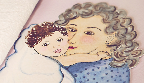 Artwork of a woman with gray, curly shoulder-length hair and a dark and light blue polka-dot shirt. She is holding a baby toward her face. The baby is swaddled in a large white blanket, has brown hair, and is extending an arm around the woman's shoulder.