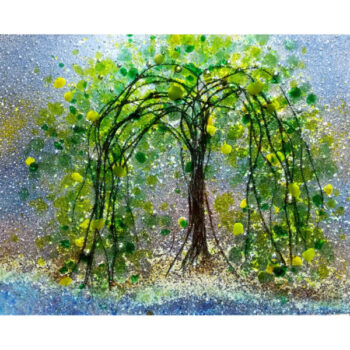Image of artwork that depicts a tree with long overhanging branches. The branches have light and dark green dots of various sizes to serve as the leaves. The tree rests on a blue textured background.