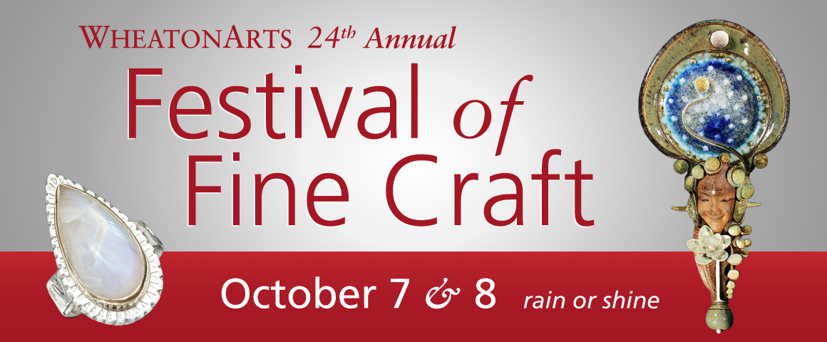 Banner for the Festival of Fine Craft. The banner has a gray gradient background that starts with white in the middle of the banner. The banner also has a red stripe at the bottom. The gray portion of the banner has red text that reads 