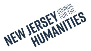 Logo for the "New Jersey Council for the Humanities". All of the words are on an angle and the words "New Jersey" and "Humanities" are in thick blue letters. "Humanities" is below the rest of the words and begins at the "J" of "New Jersey". "Council for the" is at the end of "Jersey" and "Council" is above the "for the". "Council for the" is in thin blue letters and all of the letters are capitalized throughout the logo.