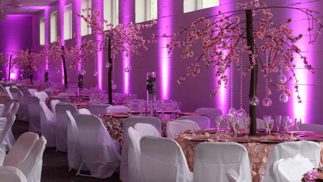 Image of the inside of the WheatonArts Event Center. The room has rows of set circular tables with beige tablecloths and chairs with white tablecloths over them. The center of each table alternates between a tree with pink flowers with hanging clear bulbs and a tall cylindrical clear glass vase with a pink flower with green leaves inside. The room is lit by purple spotlights cast on the walls between the tables and windows.