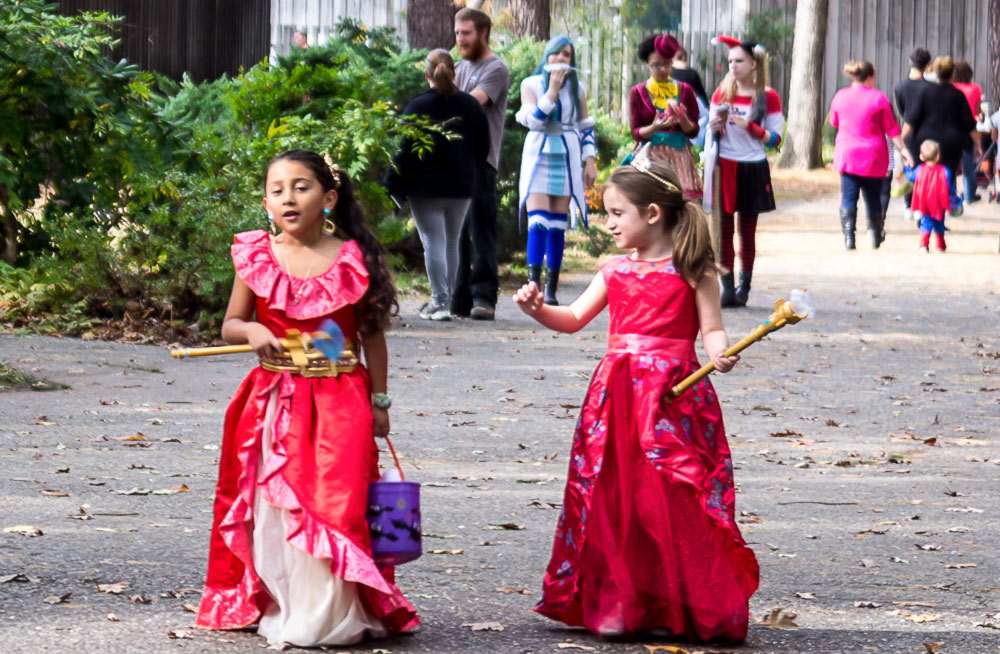 Image of two children outside at HalloWheaton dressed in pink princess costumes. Each child has a tiara and a scepter and one child is carrying a purple trick-or-treat basket with black bats on it. The two children are walking in front of a larger crowd, many of who are wearing costumes of their own.