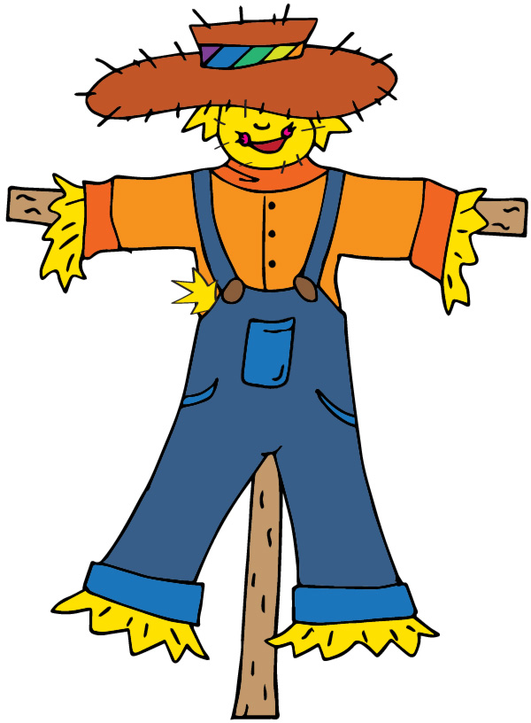 Image of a cartoon scarecrow. The scarecrow has a yellow head and short hair. A large, floppy brown hat covers the scarecrow's eyes. The trim of the hat has diagonal purple, blue, green, yellow, and orange stripes. The scarecrow is wearing a long-sleeved orange button shirt with dark orange time and yellow straw coming out from the sleeves. The scarecrow also has dark blue overalls with light blue pockets and trim. The straps are connected with brown circular buttons. More yellow straw is coming out from the legs of the overalls and on the left side by the strap. The scarecrow has a pink smile and blush and is on a gray wooden post.