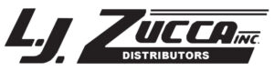 Image of the L.J. Zucca inc. logo. The background is white and features large slanted black letters that read "L.J. Zucca inc." The bottom part of the "Z" of "Zucca" extends to the end of "inc." underneath the rest of the letters that follow it and has white text inside that reads "Distributors". Two long black horizontal lines start at the top of the "Z" and extend to the end of "inc.". A smaller black horizontal line is overtop of "inc." and runs from the start of "inc." to the end of it.