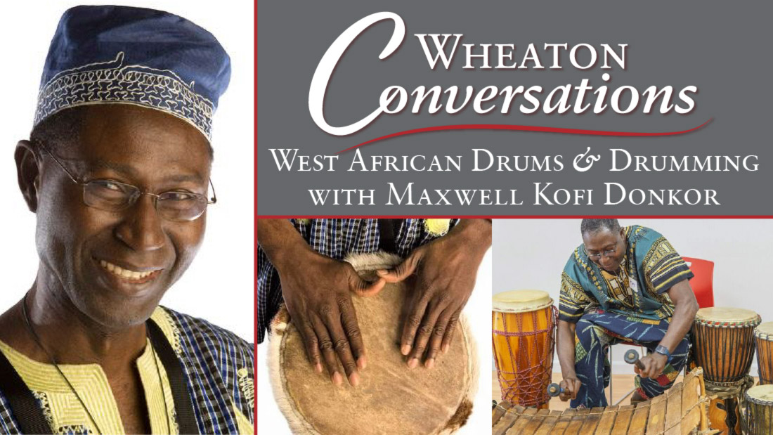 Image of the banner for an episode of Wheaton Conversations. The banner is separated into three rectangular sections with red lines in between them. The two sections on the right side if the banner are horizontal and the section on the left is vertical. The section in the top right corner is gray with white text that reads
