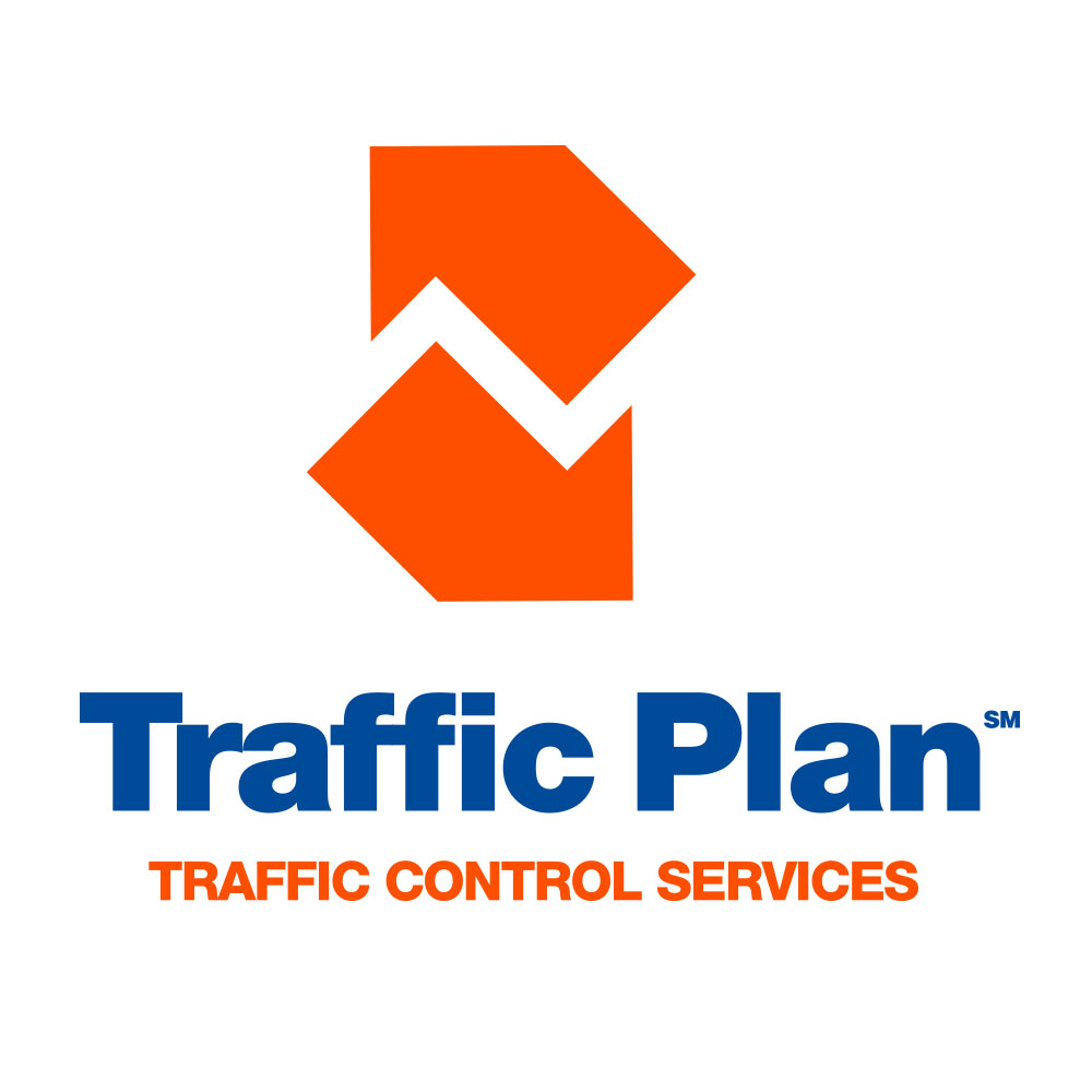Image of the logo for Traffic Plan. The logo features two large diagonal orange arrows. The arrows are going in opposite directions and one arrow is above the other leaving a zig-zag strip of space in between them. The top arrow is pointing upwards and has the top corner cut off. The bottom arrow is pointing downwards and has the bottom corner cut off. Underneath, the text reads "Traffic Plan" with a small service mark symbol after the "n" all in blue letters. Below "Traffic Plan" the text reads "Traffic Control Services" in smaller orange letters.
