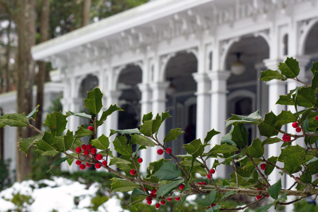 Image of green holly leaves with small red berries extending from the bottom right side of the image in front of the white pillars in front of the WheatonArts Museum of American Glass during a snowy winter.