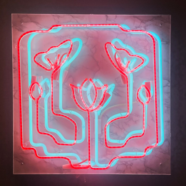 Image of a neon piece of artwork with an anaglyph flower design. The piece has a red layer and a blue layer underneath the red. The neon tubes have been arranged to resemble a three petal flower in the center of the piece. From the flower is a long stem that then splits off into a square-like shape. Inside on the square on the left and right side of the flower is another two layer design. The neon tubes on the left are shaped like a flower bud that goes into a stem that extends to the right and then up into another stem that ends in a flower. This design is mirrored on the right side of the entire piece.