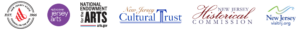 Image of six logos lined up in a horizontal line. The logos from left to right have text that reads "New Jersey State Council on the Arts", "Discover Jersey Arts", "National Endowment for the Arts" at "arts.gov", "New Jersey Cultural Trust", "New Jersey Historical Commission", and "New Jersey" at "visitnj.org". The New Jersey State Council on the Arts is comprised of two black circles with white centers. The circle on the outside has a thicker black outline than one inside. Where the circles are cut in half is slanted text that reads "EST." on the left and "1966" on the right. On the upper half of the inside of the circle is small text that reads "New Jersey State" that follows the curve of the circles and the lower half has similar style text that reads "Council on the Arts". There is a red triangular logo in the middle with three thick red lines going across it that curve at the end. The Discover Jersey Arts logo is a purple circle with white text that reads "discover jersey arts" with each word stacked on top of one another. There are four small horizontal lines to the left side of "discover". The National Endowment for the Arts logo has black text that reads "National" above the word "Endowment", vertical text that reads "for the", and large thick text that reads "Arts". Underneath are two lines, red above blue" that stop halfway through the word "Arts". Where the lines stop is small black text that reads "arts.gov". The New Jersey Cultural Trust logo is comprised of the words "New Jersey" written in red script above larger blue text that reads "Cultural Trust". There are two long, thin blue lines under "Cultural Trust" that extend up into the base of the "T" before continuing on the other side. The base of the "T" is shaped like a column and the top line has triangles on each side that point downward. The New Jersey Historical Commission logo has large red script that reads "Historical". Above, in between the "H" and the "l" is black text that reads "New Jersey". Underneath "Historical" is more black text that reads "Commission. The final logo has a light green to light blue gradient curvy line with another one underneath it lined up so that it starts where the first line curves up. The second line follows the path of the first line so that they complement each other. There is large blue text below these lines that reads "New Jersey" and at the bottom of the logo is smaller blue text that reads "visitnj.org".