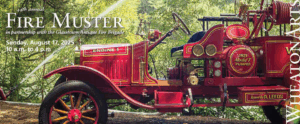Image of the banner for Fire Muster. The banner includes an image of a red antique fire truck outside in front of the WheatonArts lake at Fire Muster. There is a hose on the left side of the truck that is shooting a stream of water in an arc into the lake. In the top left corner of the banner there is white text that reads "44th Annual Fire Muster in partnership with the Glasstown Antique Fire Brigade" and more white text underneath that reads "Sunday, August 17, 2025 10 a.m. to 4 p.m.". "WheatonArts" is written down the side of the right of the banner in white text with a rainbow shadow behind it.